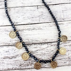 2/$15-HEMATITE FACET GOLDTONE DISK CHARM NECKLACE